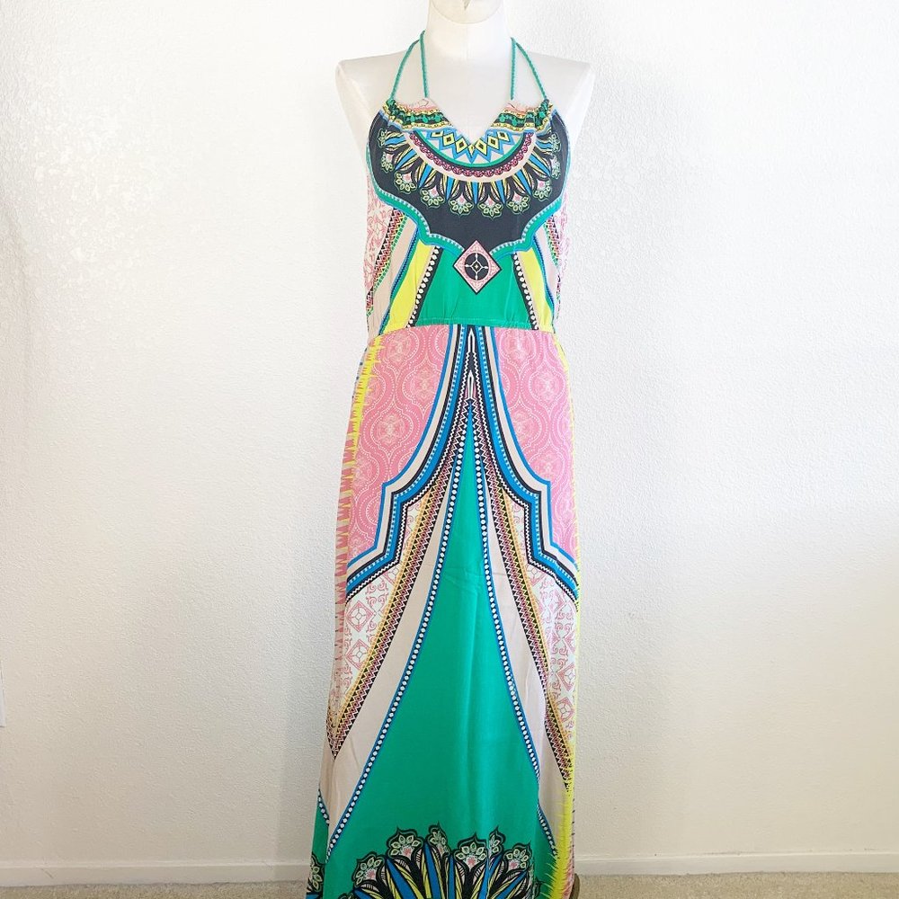Flying Tomato Colorful Print Halter Maxi Dress L